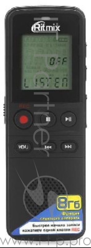 Диктофон RITMIX RR-810 8Gb Black 8Гб, диктофон, сегментный дисплей, 4 режима записи - HQ, SP, LP, NC, формат записи WAV, питание батреи 2*ААА, разъем для внешнего микрофона (идет в комплекте),чехол, ремешок