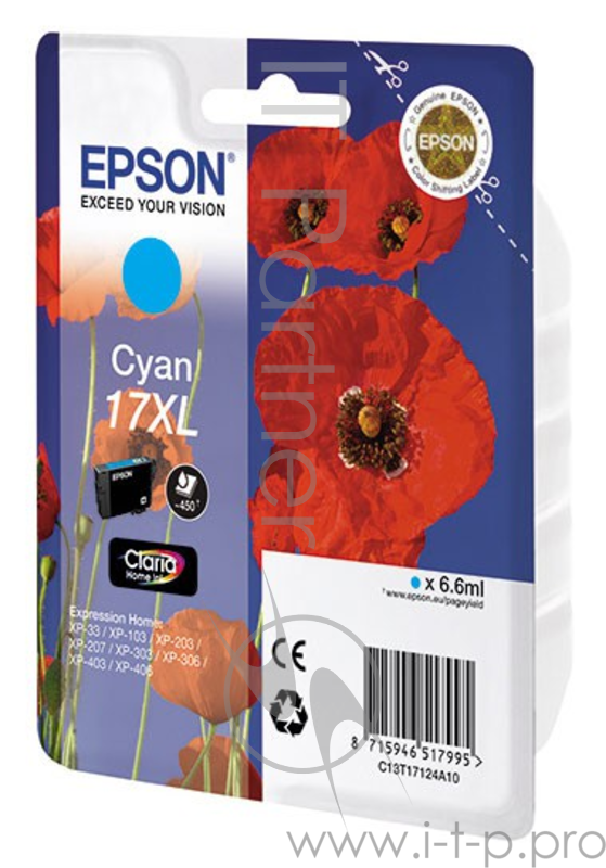 Картридж струйный Epson C13T17124A10 голубой для Epson XP33/203/303 (450стр.)