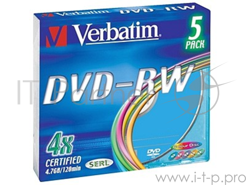 Диск DVD-RW 4.7ГБ 4x Verbatim 43563, Slim, цветные (5шт./уп.)