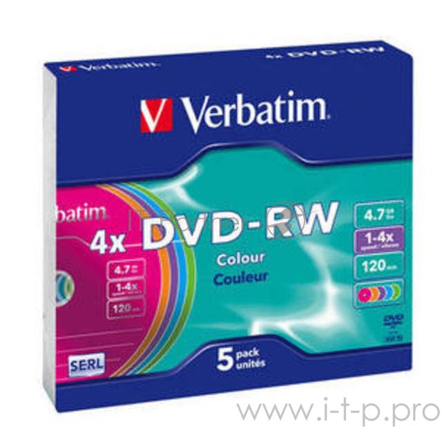 Диск DVD-RW 4.7ГБ 4x Verbatim 43563, Slim, цветные (5шт./уп.)