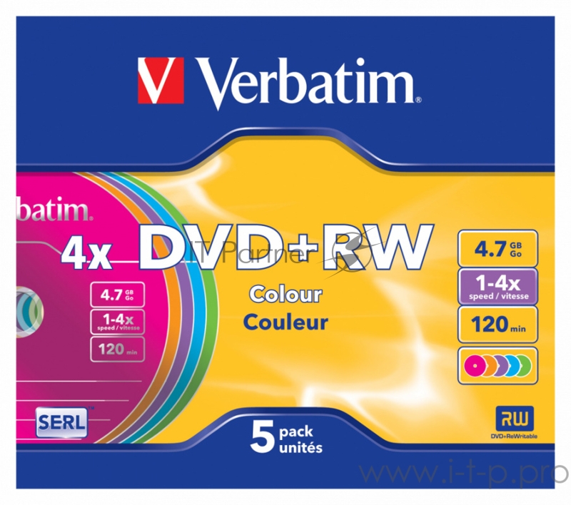 Диск DVD+RW 4.7ГБ 4x Verbatim 43297, Slim, цветные (5шт./уп.)