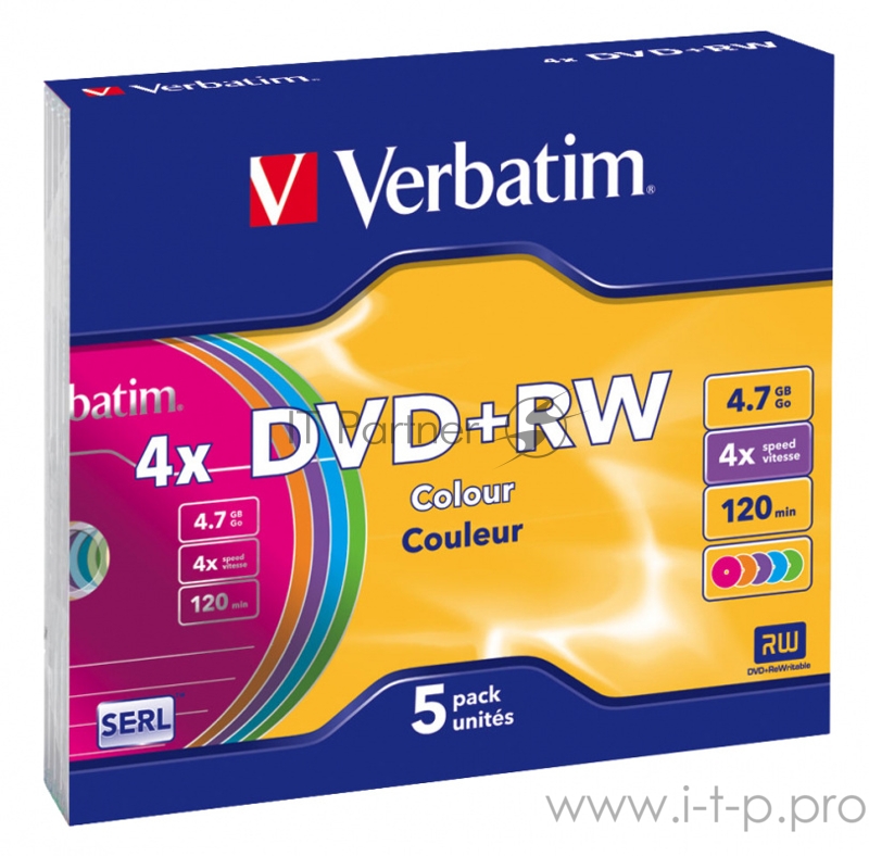 Диск DVD+RW 4.7ГБ 4x Verbatim 43297, Slim, цветные (5шт./уп.)