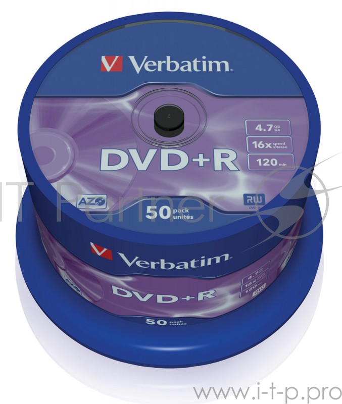 Диск DVD+R 4.7ГБ 16x Verbatim 43550, пласт.коробка, на шпинделе (50шт./уп.)