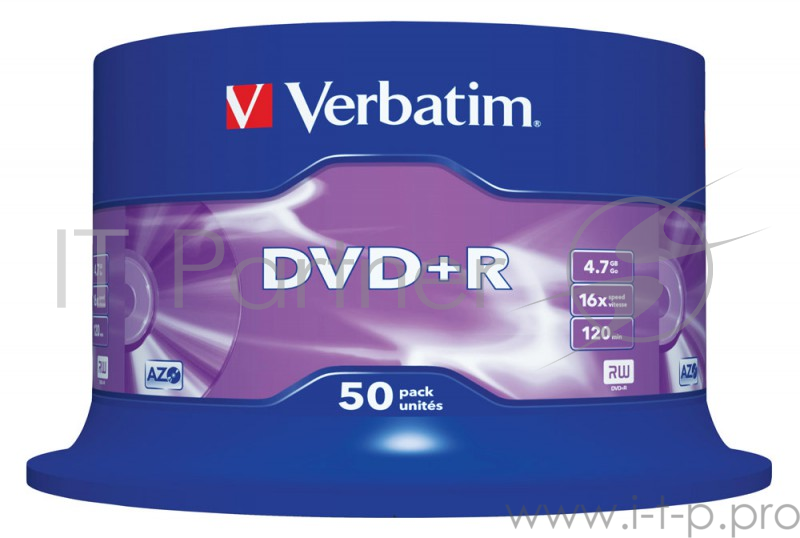 Диск DVD+R 4.7ГБ 16x Verbatim 43550, пласт.коробка, на шпинделе (50шт./уп.)