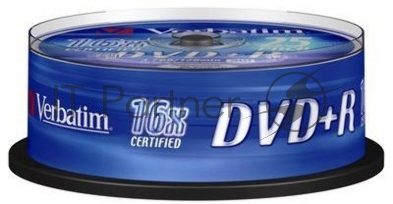 Диск DVD+R 4.7ГБ 16x Verbatim 43500, пласт.коробка, на шпинделе (25шт./уп.)