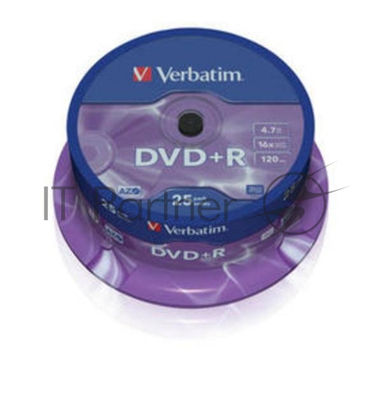 Диск DVD+R 4.7ГБ 16x Verbatim 43500, пласт.коробка, на шпинделе (25шт./уп.)