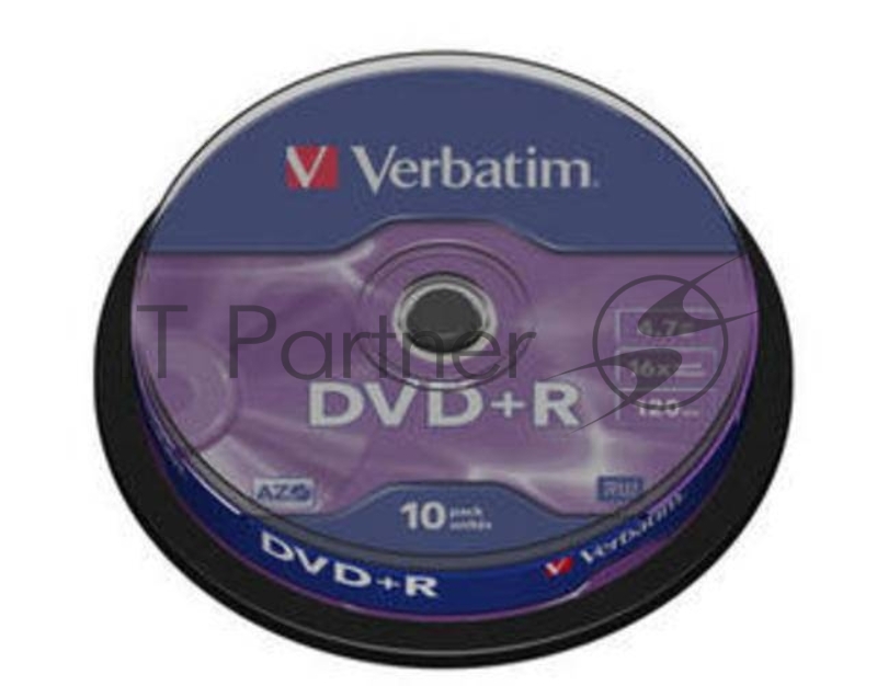 Диск DVD+R 4.7ГБ 16x Verbatim 43498, пласт.коробка, на шпинделе (10шт./уп.)