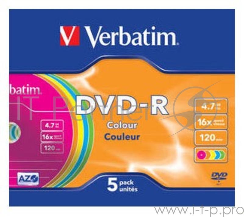 Диск DVD-R 4.7ГБ 16x Verbatim 43557, Slim, цветные (5шт./уп.)