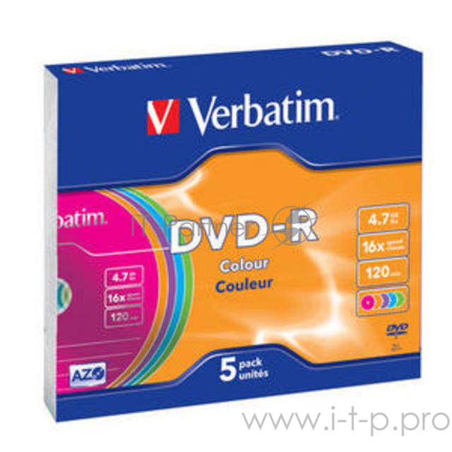 Диск DVD-R 4.7ГБ 16x Verbatim 43557, Slim, цветные (5шт./уп.)