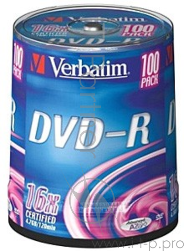 Диск DVD-R 4.7ГБ 16x Verbatim 43549, пласт.коробка, на шпинделе (100шт./уп.)