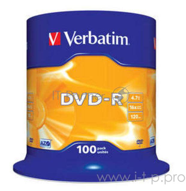 Диск DVD-R 4.7ГБ 16x Verbatim 43549, пласт.коробка, на шпинделе (100шт./уп.)