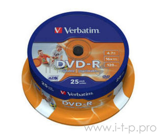 Диск DVD-R 4.7ГБ 16x Verbatim 43538, Printable, пласт.коробка, на шпинделе (25шт./уп.)