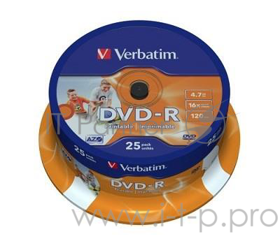 Диск DVD-R 4.7ГБ 16x Verbatim 43538, Printable, пласт.коробка, на шпинделе (25шт./уп.)