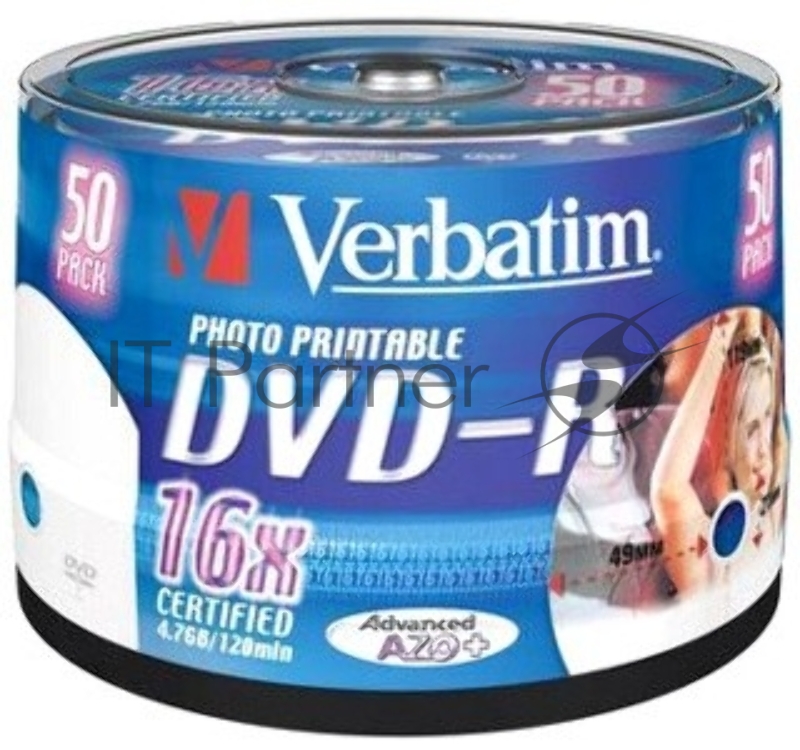 Диск DVD-R 4.7ГБ 16x Verbatim 43533, Printable, пласт.коробка, на шпинделе (50шт./уп.)