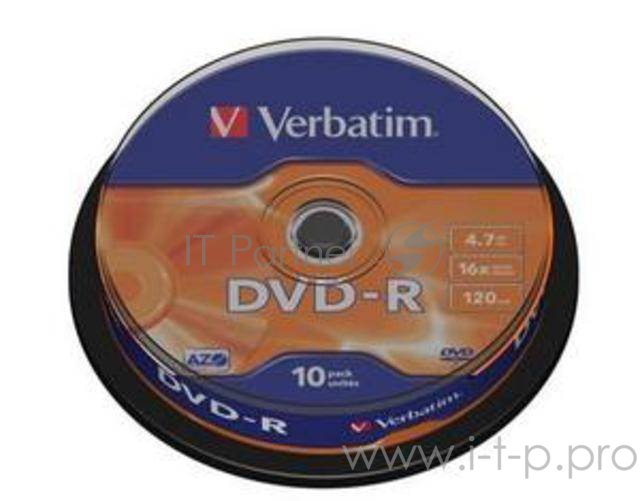 Диск DVD-R 4.7ГБ 16x Verbatim 43523, пласт.коробка, на шпинделе (10шт./уп.)