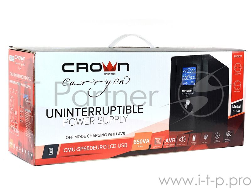 ИБП CROWN ИБП CMU-SP650EURO LCD USB {650VA, металл, 1x12V/7AH, розетки 2*EURO+3*IEC } CM000001870