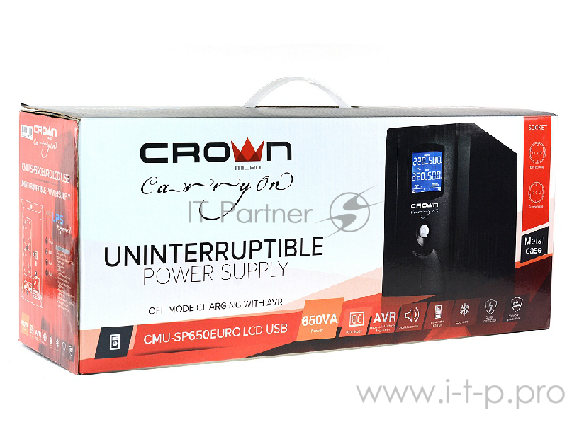 ИБП CROWN ИБП CMU-SP650EURO LCD USB {650VA, металл, 1x12V/7AH, розетки 2*EURO+3*IEC } CM000001870