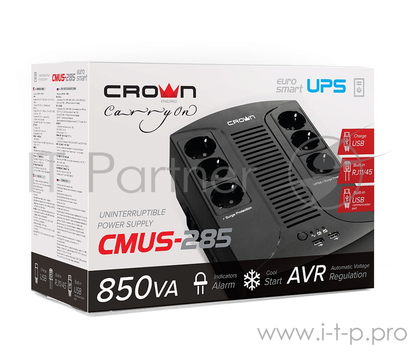 ИБП CROWN ИБП CMUS-285 EURO SMART {Line Interactive, 800VA480W, розетки 6*EURO} CM000001922