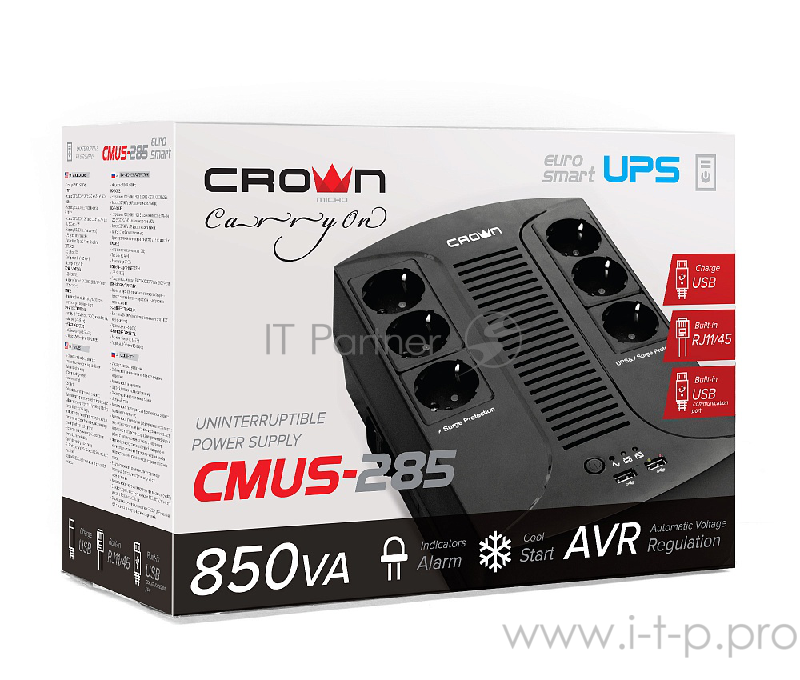 ИБП CROWN ИБП CMUS-285 EURO SMART {Line Interactive, 800VA480W, розетки 6*EURO} CM000001922