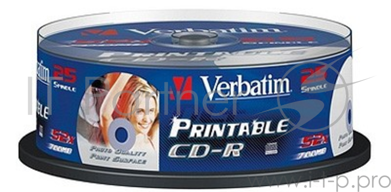 Диск CD-R 700МБ 52x Verbatim 43439, Printable, пласт.коробка, на шпинделе (25шт./уп.)