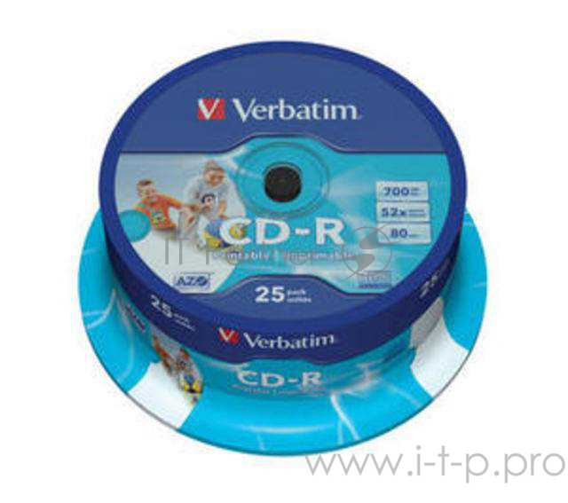 Диск CD-R 700МБ 52x Verbatim 43439, Printable, пласт.коробка, на шпинделе (25шт./уп.)