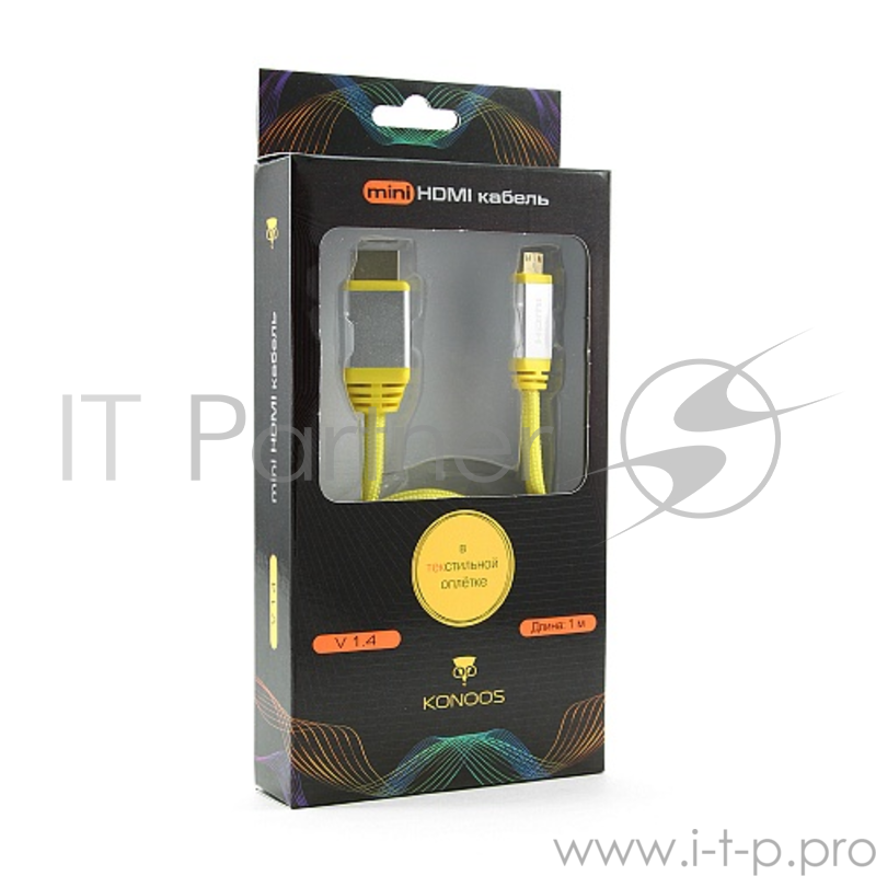 Кабель Konoos Кабель HDMI- miniHDMI KCP-HDMICny, 1м, v1.4, 19M/19M, алюмин. корпус, нейлоновая оплетка, желтый, позол.разъемы, коробка