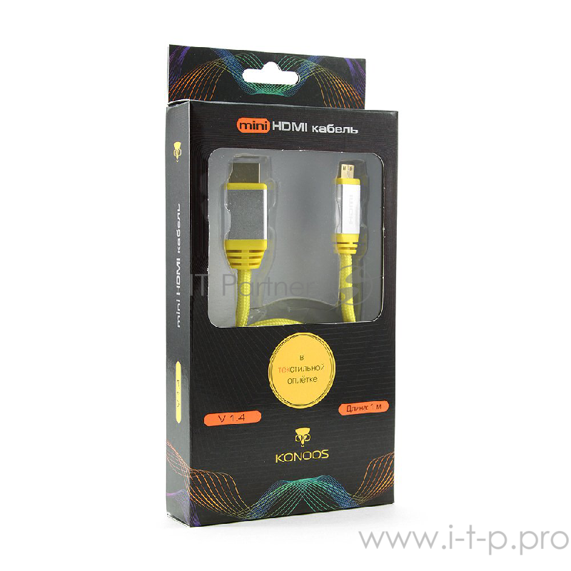 Кабель Konoos Кабель HDMI- miniHDMI KCP-HDMICny, 1м, v1.4, 19M/19M, алюмин. корпус, нейлоновая оплетка, желтый, позол.разъемы, коробка