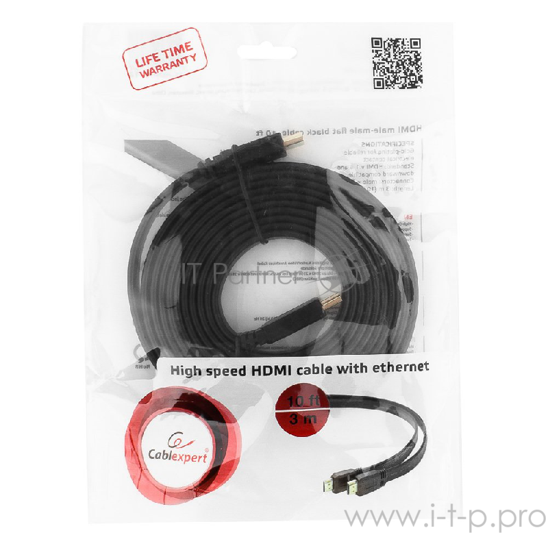 Кабель Кабель HDMI Gembird/Cablexpert, 3м, v1.4, 19M/19M, плоский кабель, черный, позол.разъемы, экран(CC-HDMI4F-10)