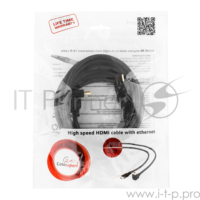 Кабель Кабель HDMI Gembird, 3.0м, v1.4, 19M/19M, угл. раз.,черный, позол.раз., экран, пакет CC-HDMI490-10