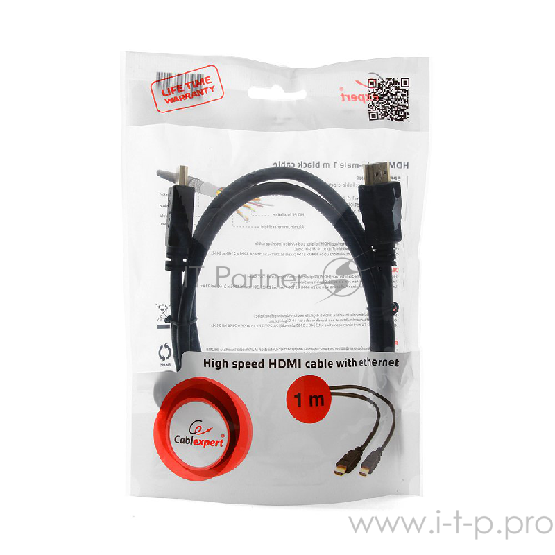 Кабель Кабель HDMI Gembird/Cablexpert, 1м, v1.4, 19M/19M, черный, позол.разъемы, экран(CC-HDMI4-1M)
