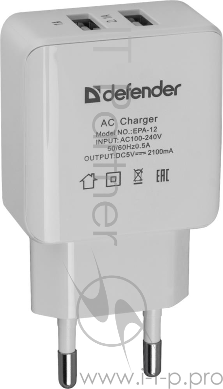 Сетевое зарядное устройство DEFENDER EPA-12 2 порта USB, 5V/2А белый