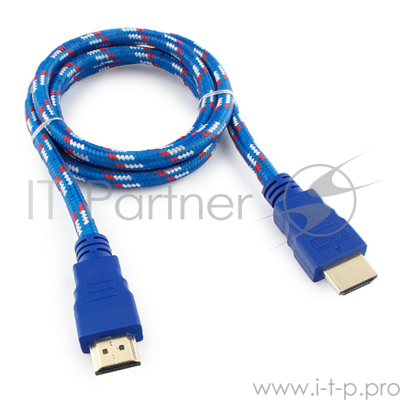 Кабель Konoos Кабель HDMI KC-HDMInbrw, 1м, v1.4, 19M/19M, нейлоновая оплетка, син.-крас.-белый, позол.разъемы, коробка