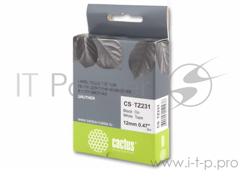 Лента Cactus CS-TZ231 для печати наклеек в устройствах Brother P-touch черный на белом 12мм х 8м