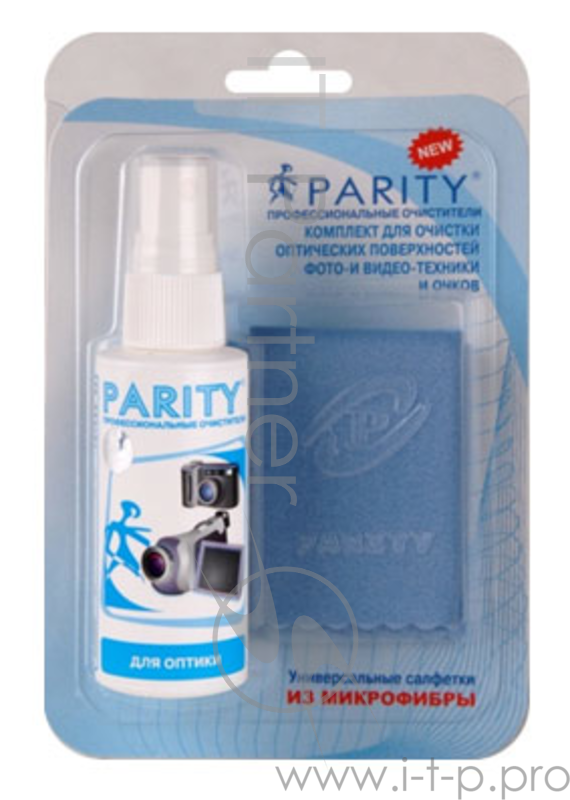 Чистящий набор (салфетки + спрей) Parity (24128), Комплект для фото-видео техники (спрей 65мл+2 салфетки из микрофибры 15*15см), блистер