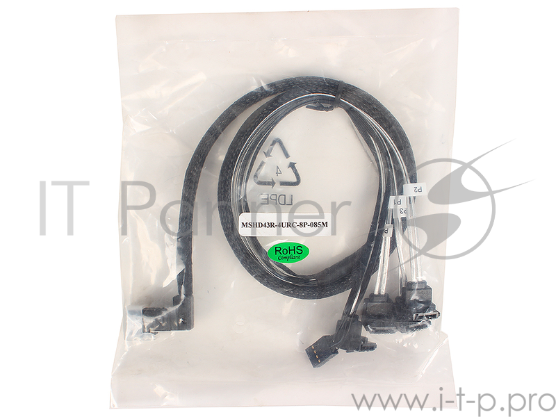 Кабель SAS SFF8643(угловой) - 4 * SATA (угловой)+SB, 85cm (MSHD43-4C-8P-085M/RH) разъемы SFF8643 -to- 4*SATA +SideBand(SFF8448), 85cм.