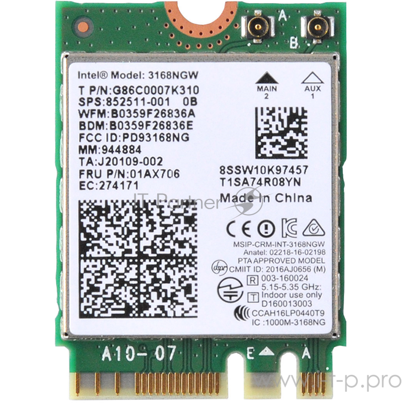 Плата сетевого контроллера m.2 Intel® Dual Band Wireless-AC 3168, 1x1 AC + BT M.2 2230, No vPro, 944884