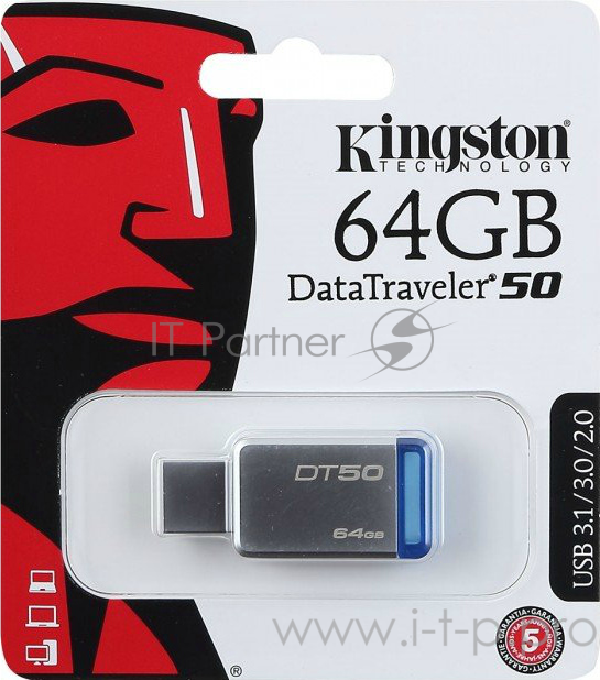 Носитель информации Kingston USB Drive 64Gb DT50/64GB {USB3.1}
