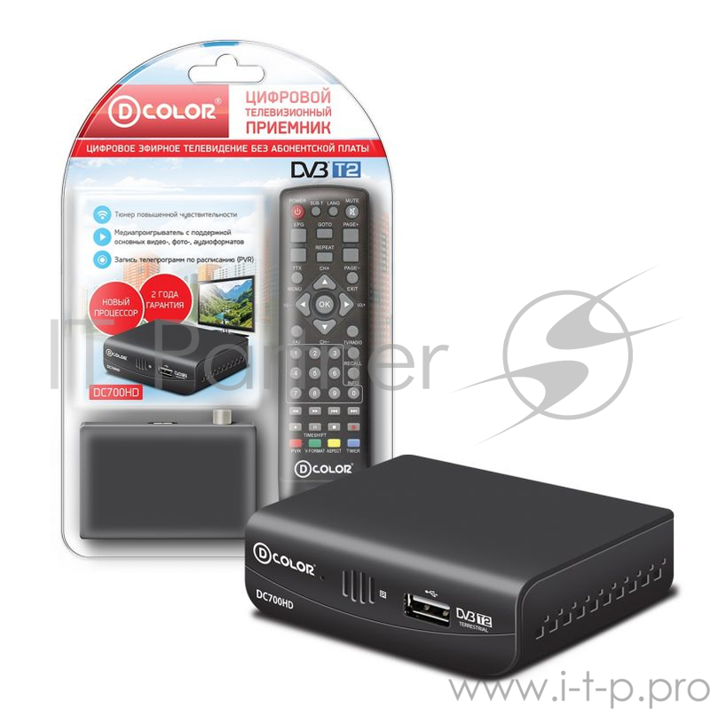 Приставка DVB-T2 D-Color Приставка DVB-T2 D-Color/ тюнер с DVB-T2, пластик, без дисплея, HDMI, USB, блистер