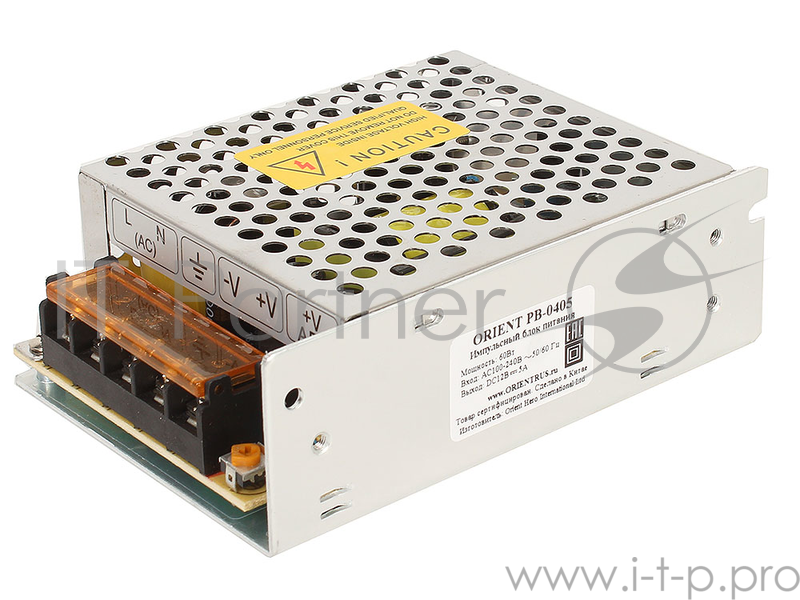 Блок питания ORIENT PB-0405 Импульсный блок питания, AC 100-240V/ DC 12V, 5.0A, стабилизированный, защита от КЗ и перегрузки, ручная рег-ка Uвых, винт