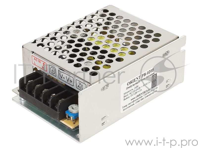 Блок питания ORIENT PB-0205 Импульсный блок питания, AC 100-240V/ DC 12V, 2.0A, стабилизированный, защита от КЗ и перегрузки, ручная рег-ка Uвых, винт
