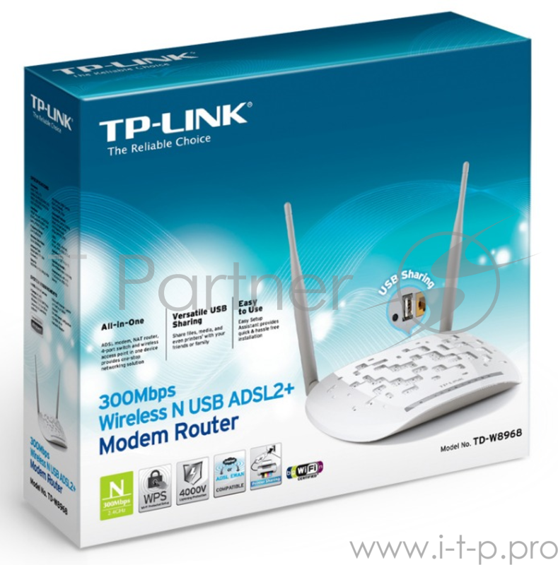 Сетевое оборудование TP-Link SOHO TD-W8968 4-port 300Mbps Wireless N ADSL2+ Modem Router, 1 USB 2.0 Port for storage sharing/FTP server/Media server/Print server, Trendchip+Ralink, Annex A, with ADSL splitter, 802.11n/g/b, 2 d