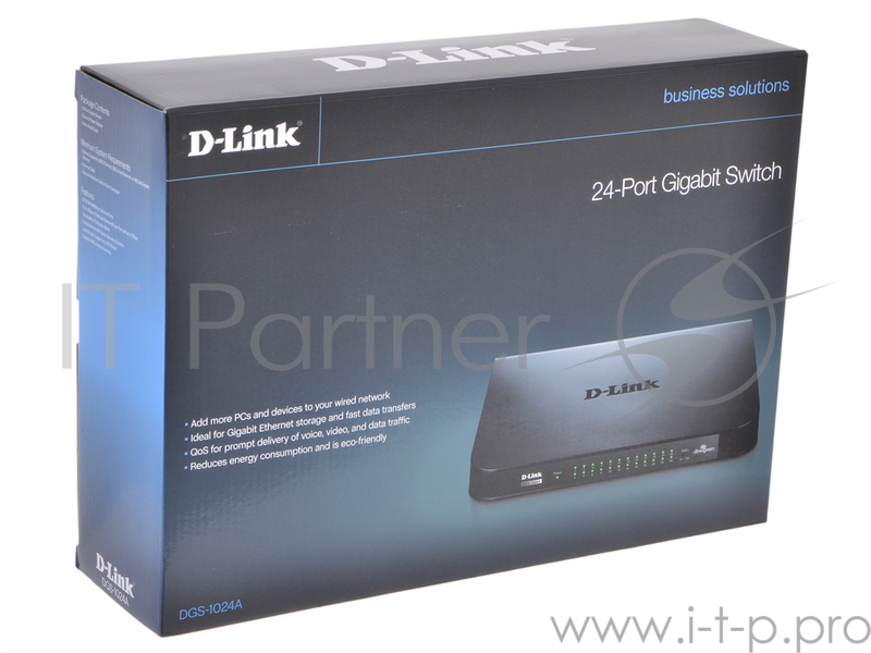Неуправляемый коммутатор D-Link DGS-1024A с 24 портами 10/100/1000Base-T и функцией энергосбережения (в комплект входит внешний адаптер питания)