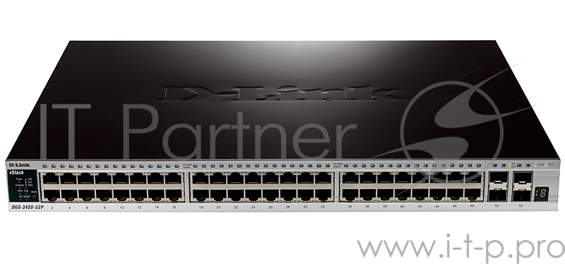 Сетевое оборудование D-Link DGS-3420-52P/B1A Управляемый стекируемый коммутатор уровня 2+ с 48 портами 10/100/1000Base-T с поддержкой PoE и 4 портами 10GBase-X SFP+