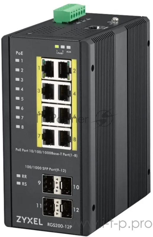 Коммутатор ZYXEL RGS200-12P, 12 Port managed PoE Switch, 240 Watt PoE, DIN Rail, IP30, 12-58V DC