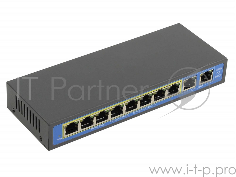 Коммутатор PoE 8 портов 10/100Mbps SWP-7508POE/2P 8xPoE+2xUplink RJ45, Bandwidth 2.0Gbps, PoE-A (1/2+,3/6-) / PoE-B (4/5+,7/8-), IEEE802.3af/at, мощн