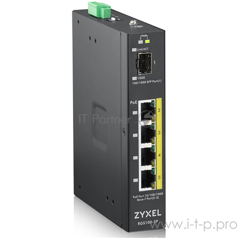 Коммутатор ZYXEL RGS100-5P, 5 Port unmanaged PoE Switch, 120 Watt PoE, DIN Rail, IP30, 12-58V DC