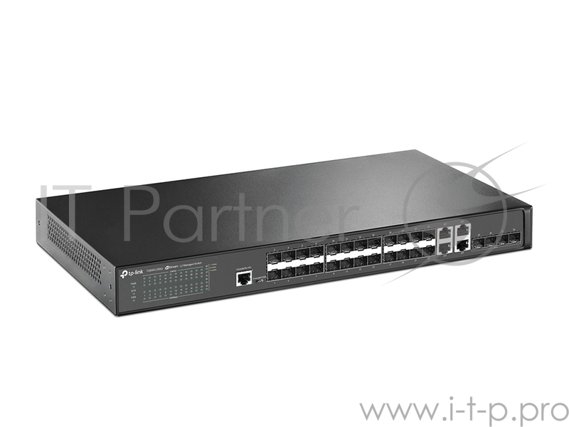 Сетевой коммутатор JetStream™ 24-Port Gigabit SFP L2 Managed Switch with 4 10G SFP+ Slots, 24 Gigabit SFP Slots, 4 Combo Gigabit RJ45 Ports, 4 10G SFP Slots, RJ45/Micro-USB Console Port, 1U 19-inch Rack-mountable Steel Case, Static Routing, OAM, sFlo