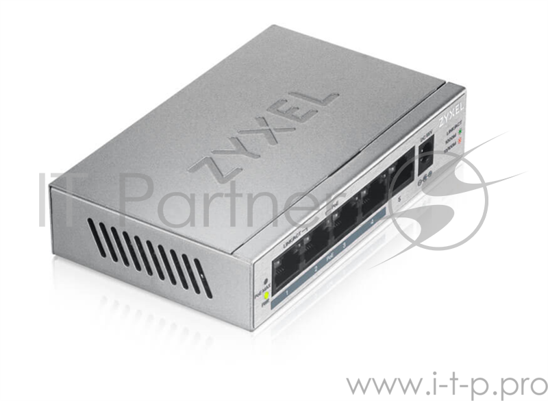 Коммутатор Zyxel GS1005HP Switch PoE +, 5xGE (4xPoE +), desktop, metal, silent, PoE budget 60 W