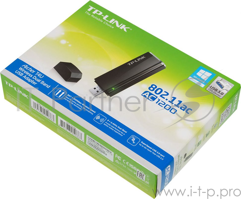Маршрутизатор TP-Link SOHO Archer T4U AC1200 Dual Band Wireless USB Adapter, Realtek, 2T2R, 867Mbps at 5Ghz + 300Mbps at 2.4Ghz, 802.11ac/a/b/g/n, WPS button, USB 3.0 interface, 1 USB extension cable, internal antenna