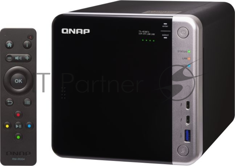Сетевое хранилище без дисков channel QNAP TS-453BT3-8G NAS 4 HDD trays, 2 HDMI, 1 x 10 GbE BASE-T, 2 x ports Thunderbolt 3. 4-core Intel Celeron J3455 1,5 GHz (up to 2,3 GHz), 8 GB